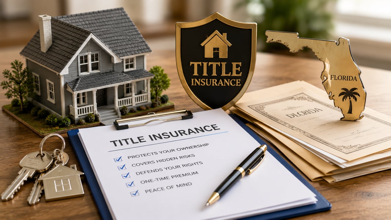 Illustration of a Florida home, title insurance policy, house keys, and ownership documents representing owner's and lender's title insurance, title protection, and the Florida real estate closing process for home buyers.