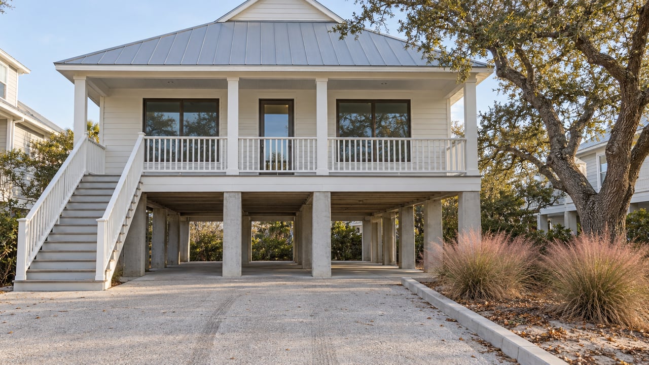 Elevated white gabled home with a covered porch, bronze-framed windows, concrete driveway and a wind-shaped live oak.