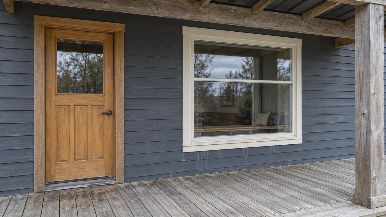 Weathered charcoal-blue timber siding, a honey-colored wooden door and an ivory-trimmed window on a covered wooden porch.