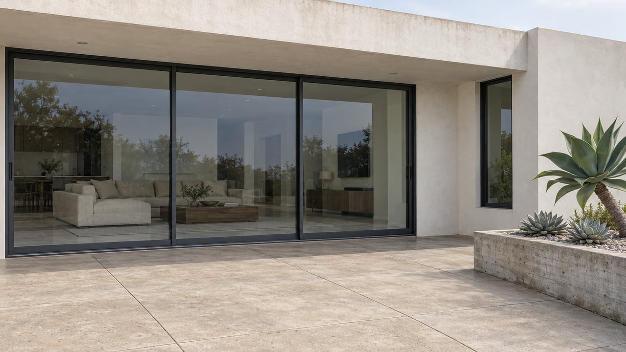 Low view across a concrete rear terrace toward a warm-white contemporary home with charcoal-framed glazing and a raised succulent planter.