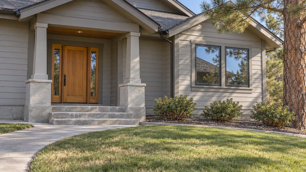 Light-gray gabled home with a covered timber-post entry, curved concrete walk, broad lawn, and a mature pine at the frame edge.
