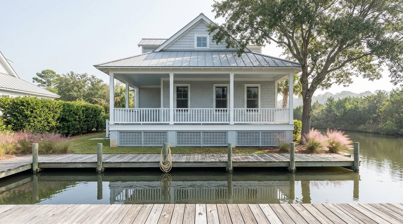 Elevated shingle-sided home with a white porch overlooking a private dock and calm water beneath a live oak.