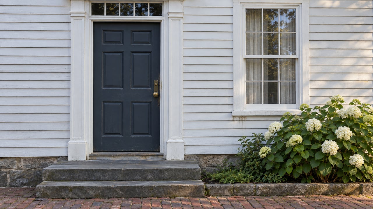 Historic townhouse with a charcoal-blue six-panel door, sash window, bluestone steps, and a hydrangea.