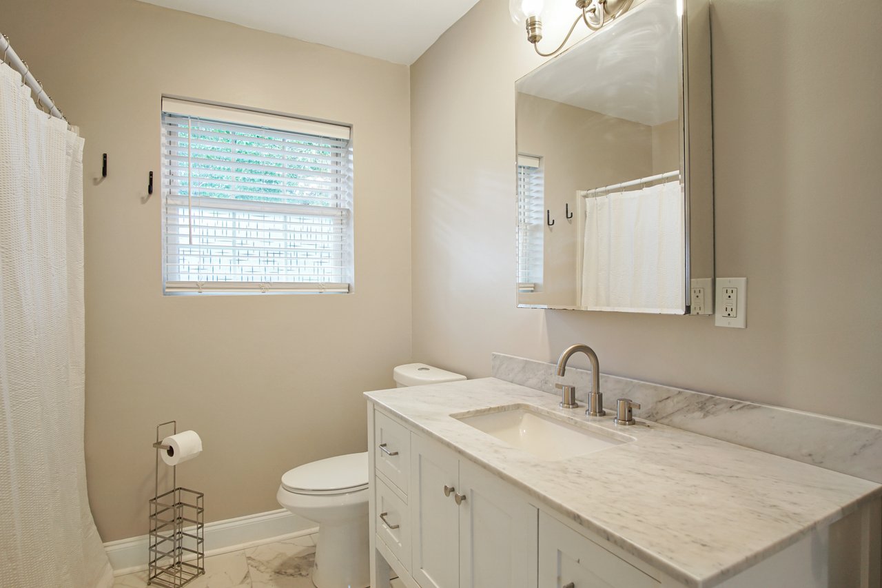 A clean bathroom featuring a toilet, sink, and a decorative shower curtain.