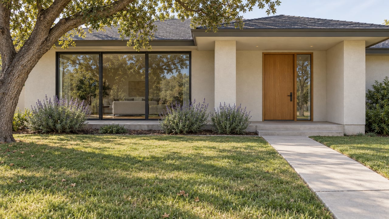 Ivory stucco home behind a deep lawn, with a recessed oak entry, dark-framed glazing, and a mature spreading oak.