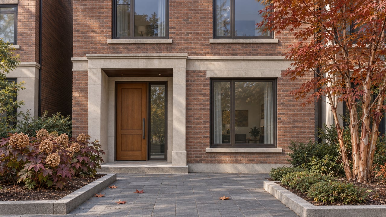 Red-brown brick townhouse with limestone trim, bronze-framed windows and an oak entrance beside autumn maple and oakleaf hydrangeas.
