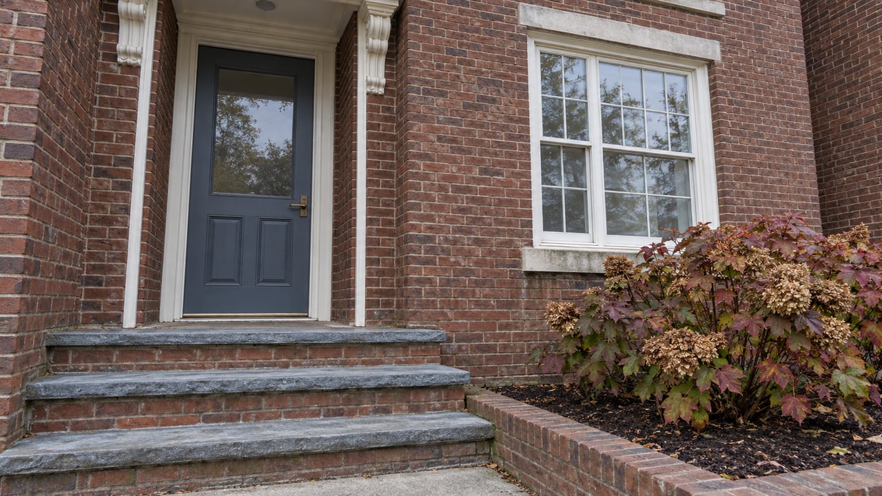 Blue-gray front door and white sash window in a weathered red-brick home, with stone entry steps and an autumn oakleaf hydrangea.