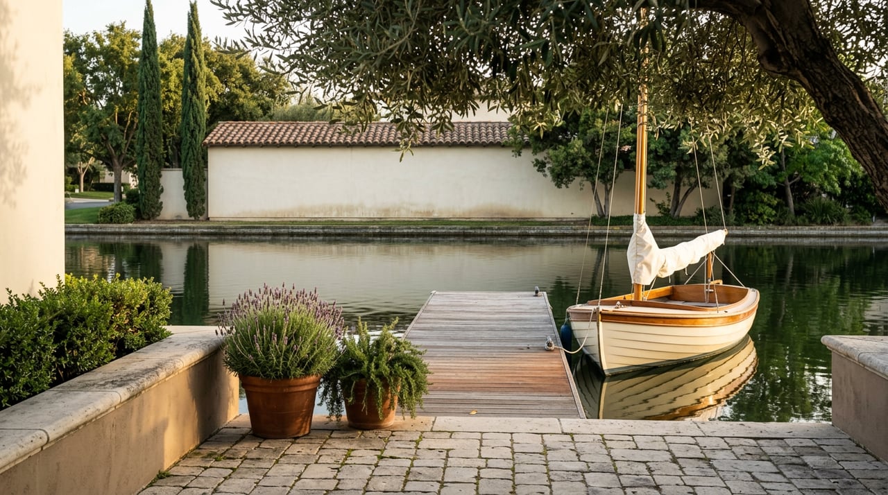 A varnished wooden sailing dinghy moored beside a limestone terrace, with olive branches overhead and a stucco home across the water.