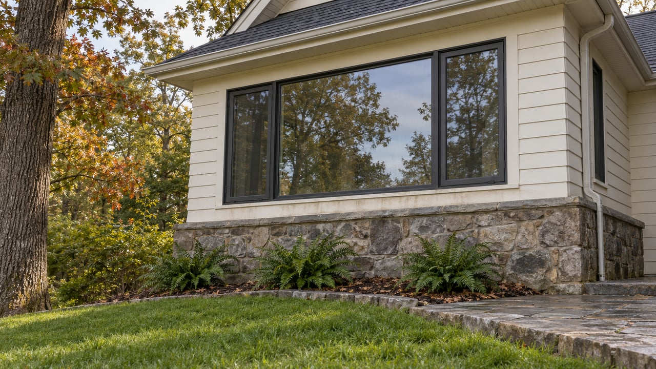 Light-sided gabled home with dark window frames, a stone foundation, and an oak beside an established lawn.