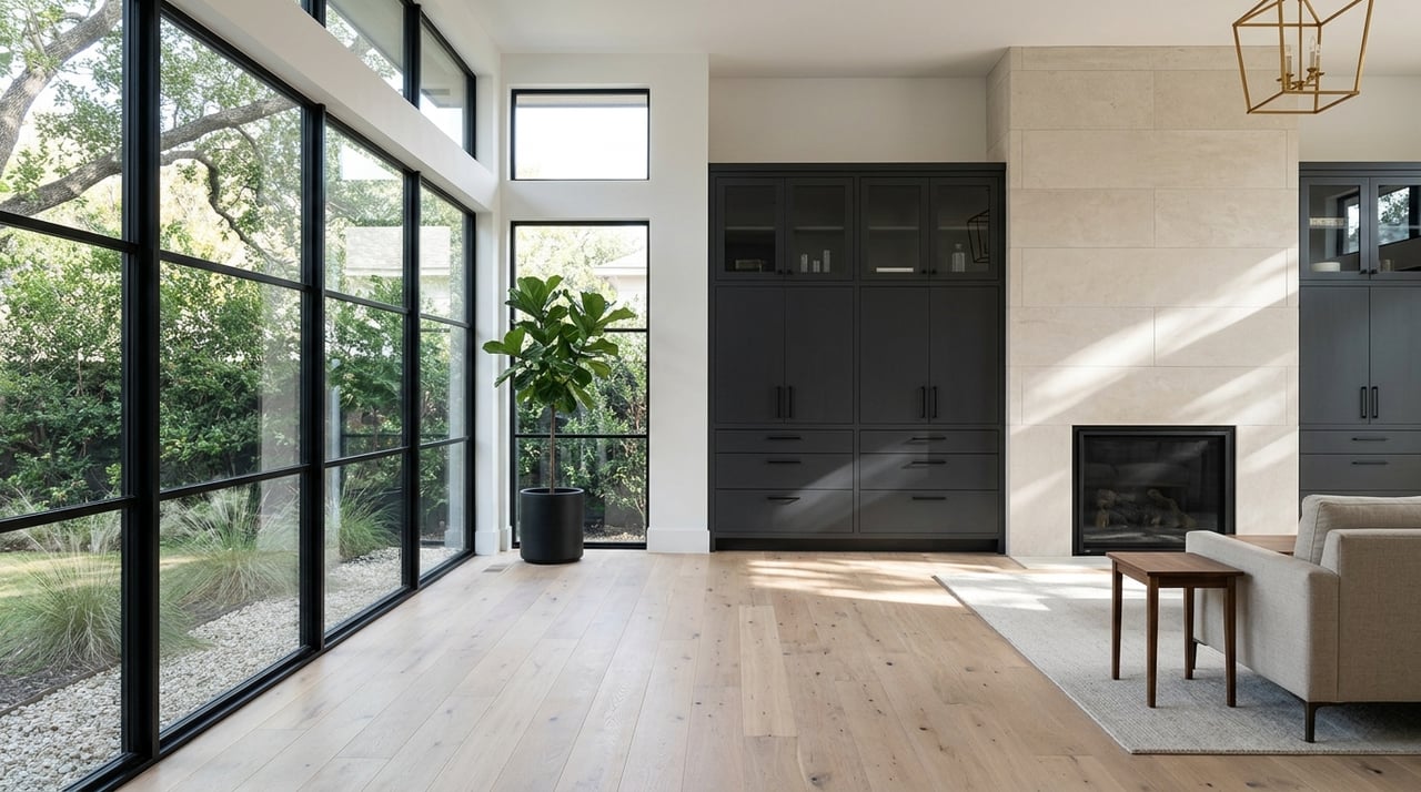 Airy great room with a limestone fireplace, black steel windows, and oak floors.