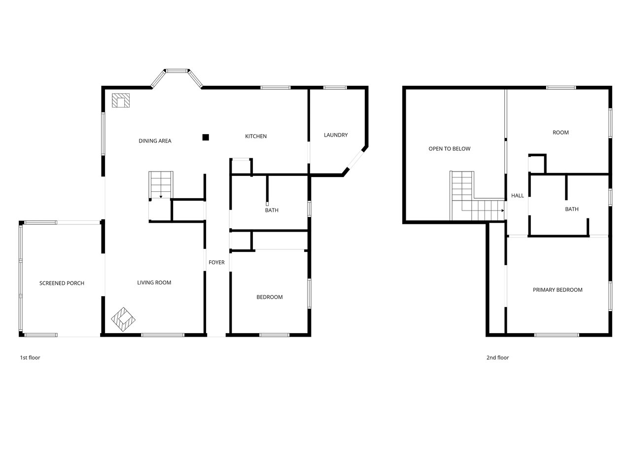 Two-story floor plan with a screened porch, living room, kitchen, and primary bedroom.