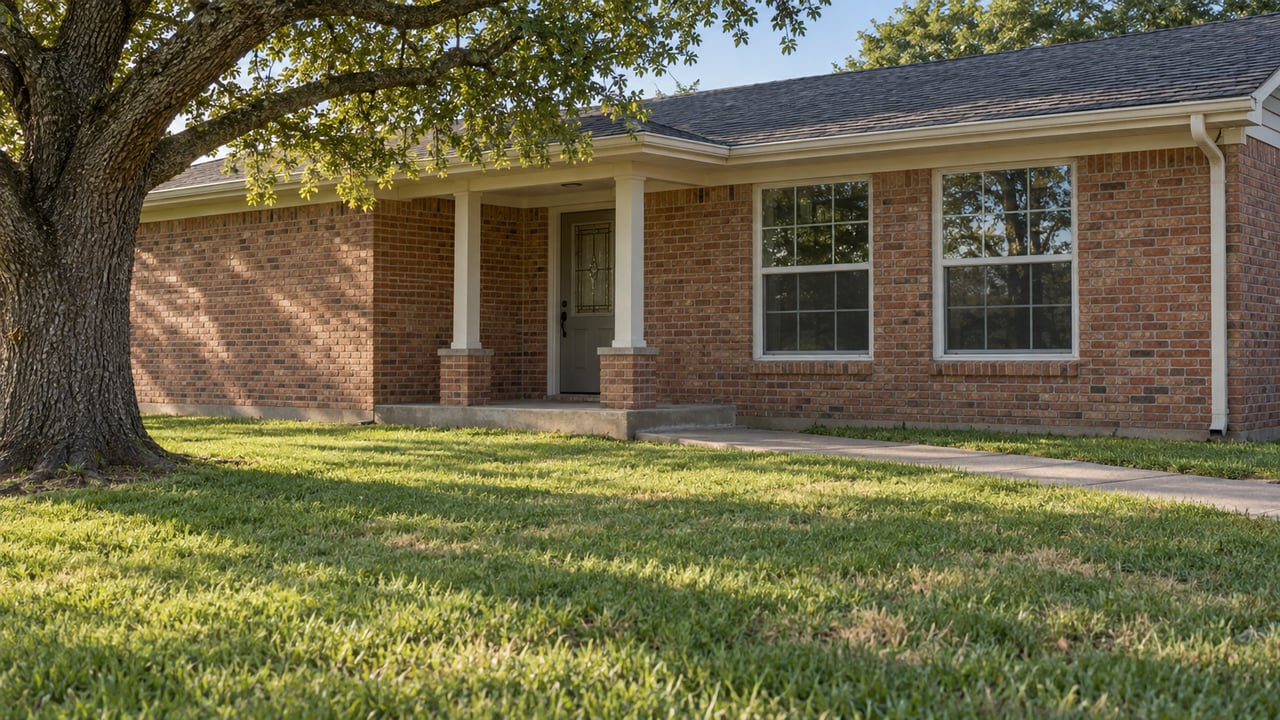 A brick ranch home's recessed entry and broad windows overlook a deep lawn beneath a mature live oak.