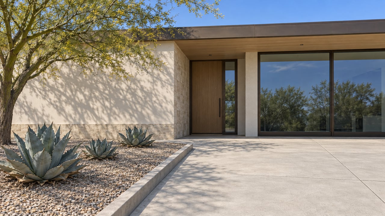 Low-angle view of a desert-modern home with ivory stucco, limestone entry, bronze-framed glazing, blue-gray agaves and a branching palo verde tree.