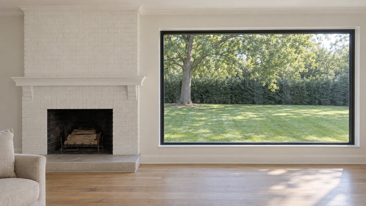 Living room with a white brick fireplace, black-framed picture window, oak floor, and deep lawn beyond.