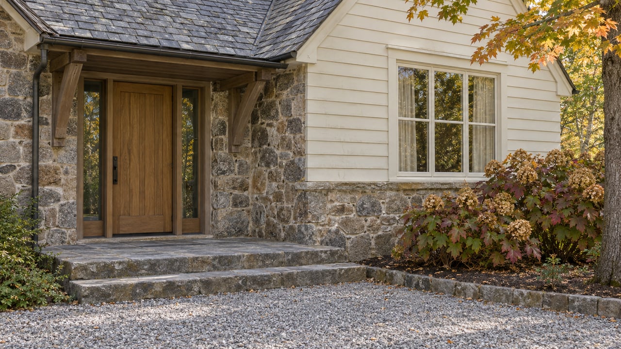 Oak entrance and divided-light window in a cream clapboard and fieldstone home, with broad flagstone steps and autumn foliage.