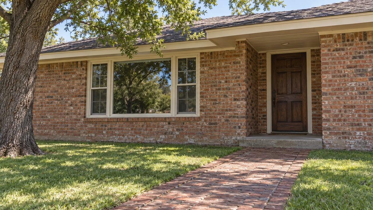 Sunlit brick ranch home with an oak front door, ivory window trim and a brick walkway crossing a green lawn beneath a mature pecan tree.