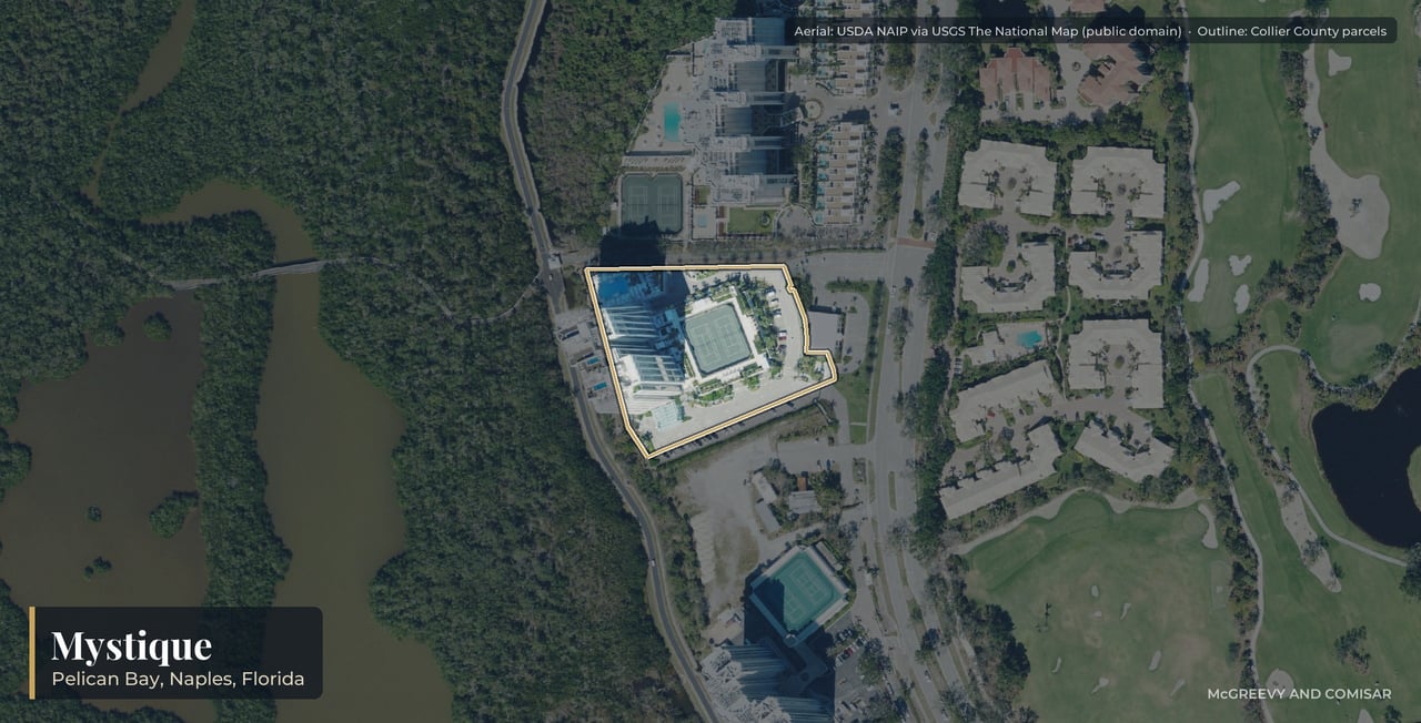 Aerial view of Mystique at Pelican Bay, Naples, Florida, with its parcels outlined