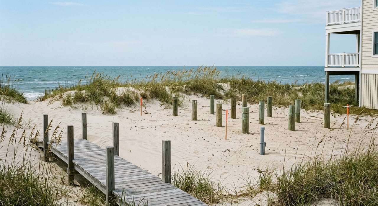 Vacant waterfront lot with wooden pilings, survey stakes, and a weathered boardwalk against dune grass.