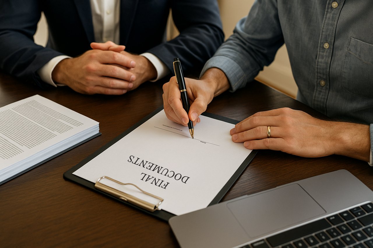Seller signing official home sale closing documents with attorney present in a New Jersey office.