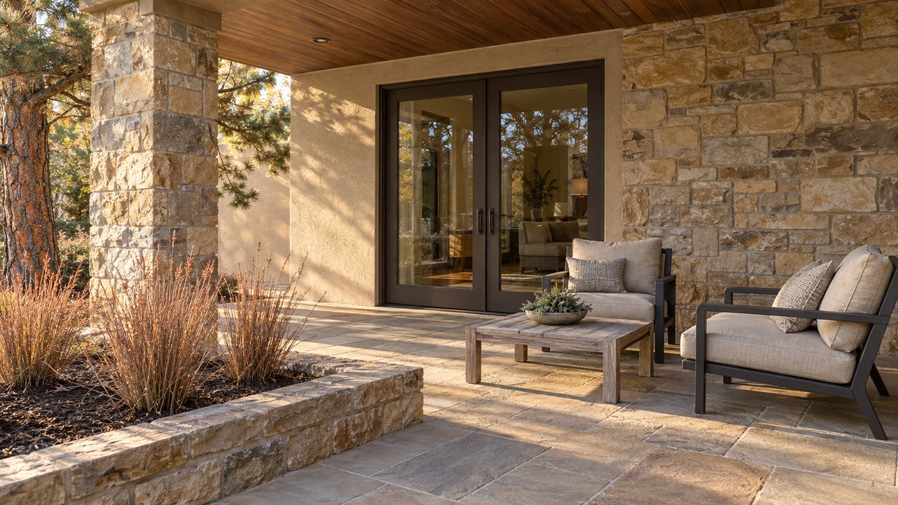 Sunlit sandstone terrace with two lounge chairs, closed bronze-framed doors and copper-colored grasses beside a pine.