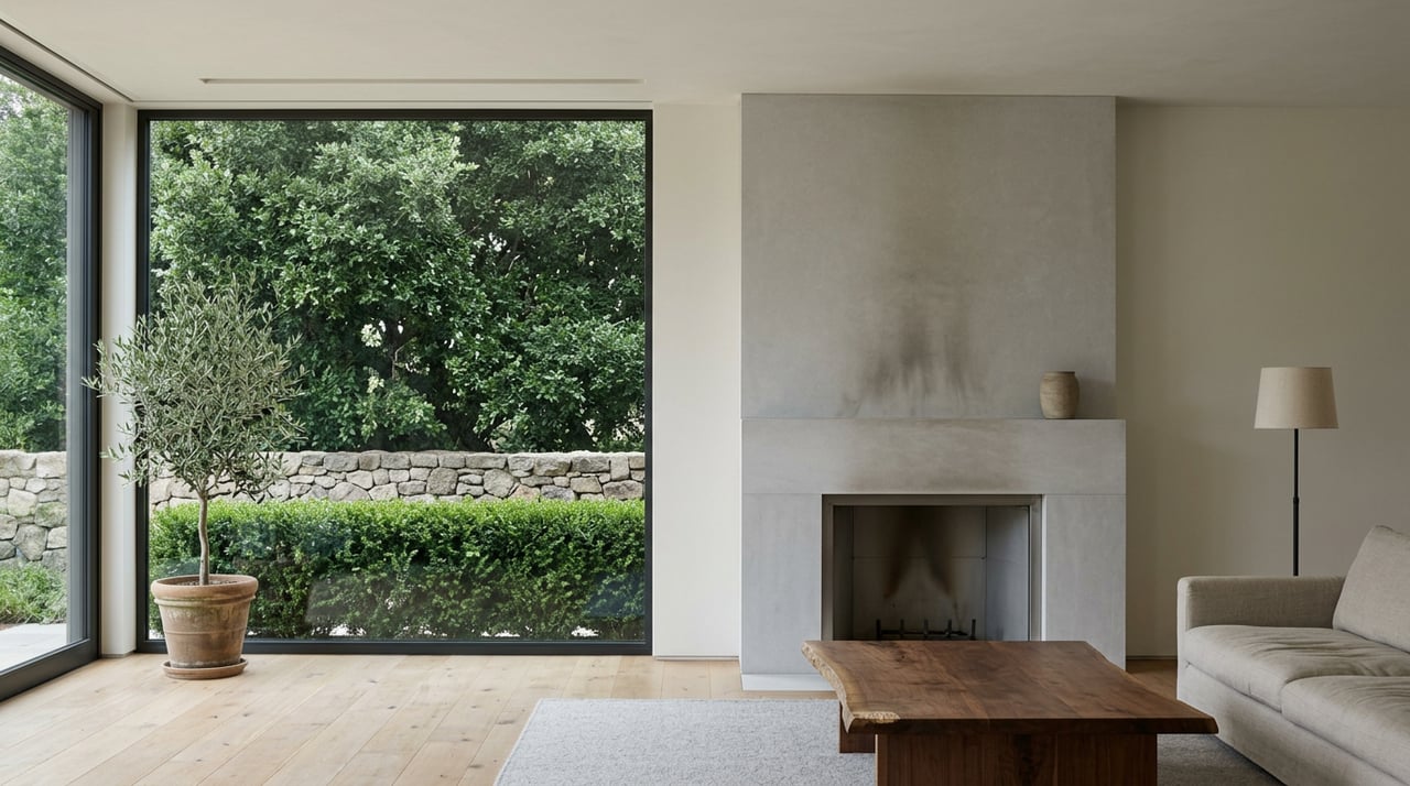 Living room with an oatmeal sofa, walnut coffee table, limestone fireplace, and oak foliage beyond the window.