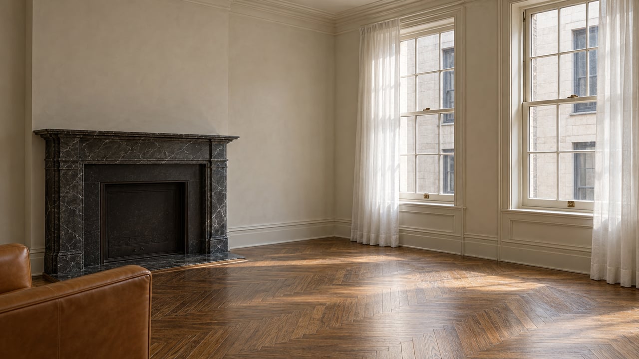 Prewar living room with a dark marble fireplace, divided-light windows, sheer curtains, and oak herringbone floor.