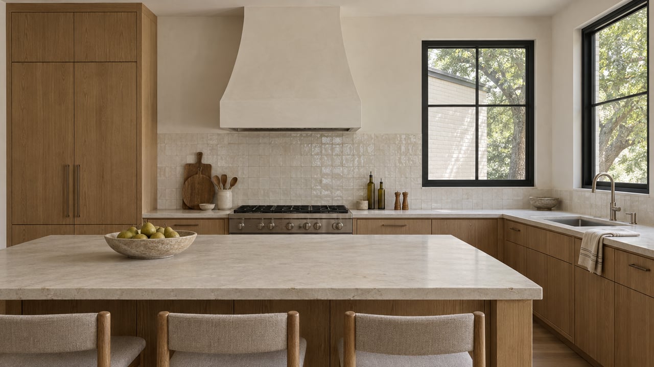 Kitchen with an oak island, slab-front cabinetry, centered range hood, and black-framed windows.