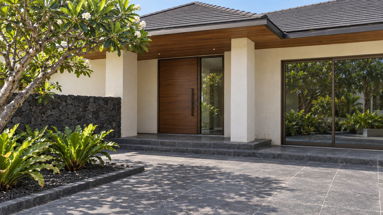 Cream stucco home with a deep timber soffit, dark stone entry steps, bronze-framed glass doors and a sculptural flowering tree.