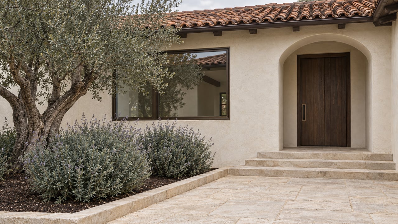 Warm off-white stucco home with terracotta roof, recessed oak entry, limestone steps and a silver-leaved olive tree.