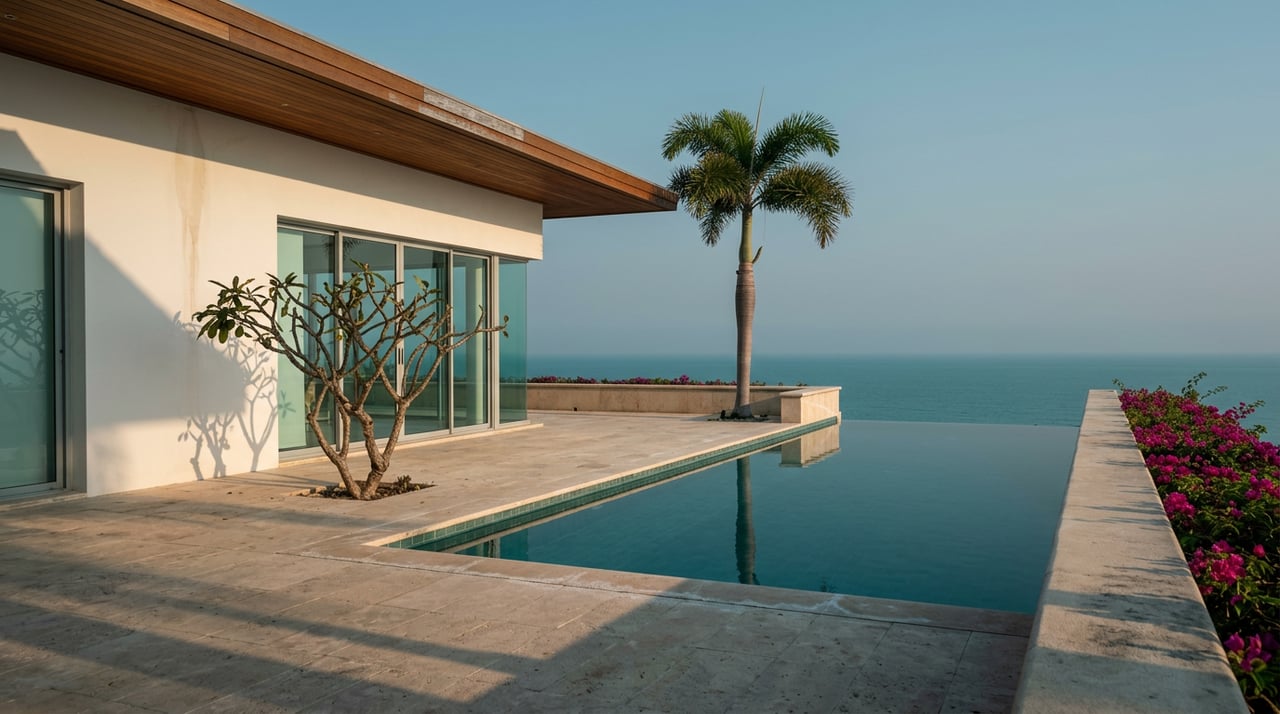 Clifftop villa terrace with an infinity pool, travertine paving, palm, and magenta bougainvillea beside open water.