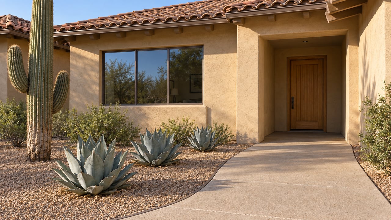 Warm stucco home entry with clay tile roofing, a wood door, a saguaro and three blue-gray agaves beside a concrete walk.
