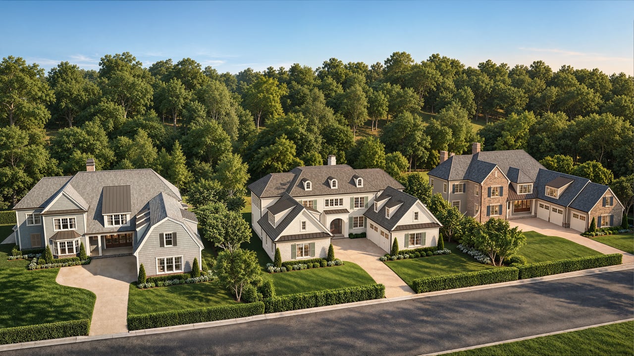 Three large homes in a new development, with landscaped lawns and dense woods behind them.