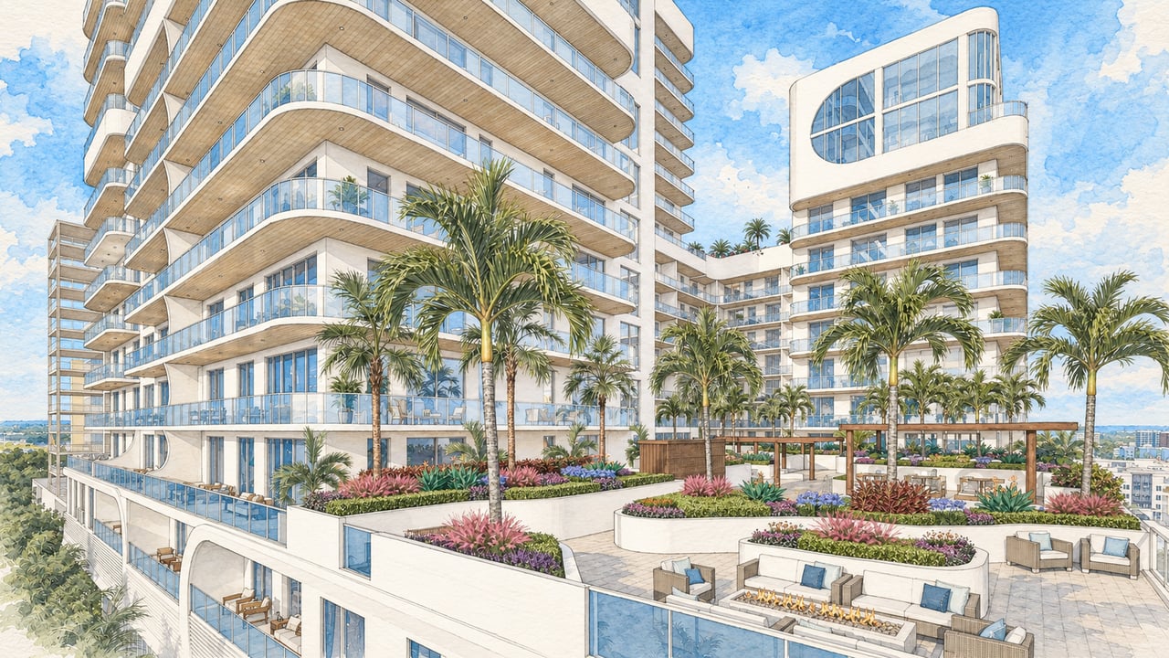 Saravela Sarasota condominium towers with curved balconies and a landscaped rooftop terrace.
