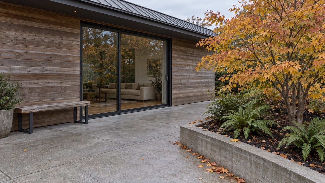 Cedar-clad contemporary home beside a weathered concrete terrace and an autumn vine maple with sword ferns.