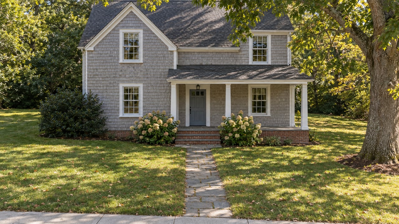 Pale-gray shingle house with a blue front door behind a broad lawn and stone walkway, shaded by an oak.