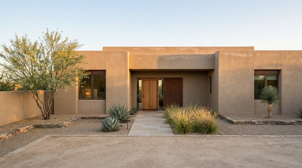 Single-story stucco home with an oak entry door, gravel garden, agave, and desert willow in morning light.