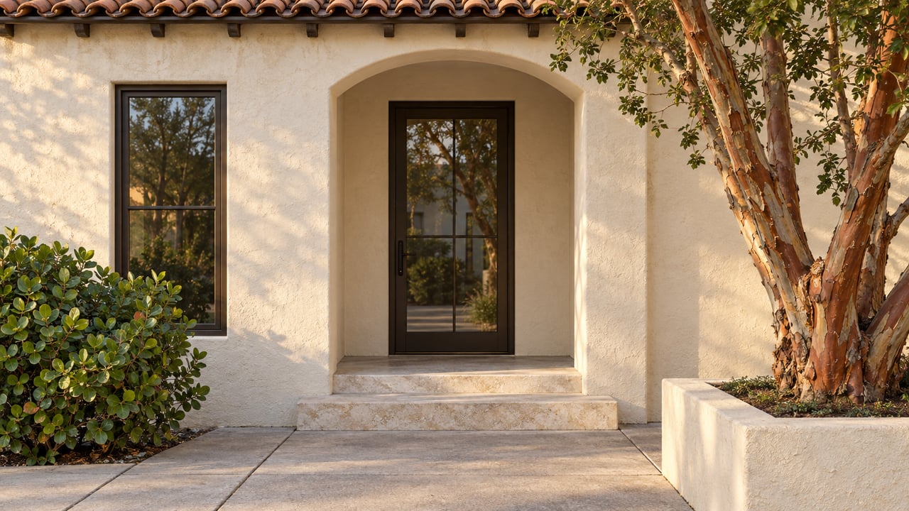 Pale stucco home with a recessed arched glass entry, terracotta roof tiles, and a peeling-bark tree.