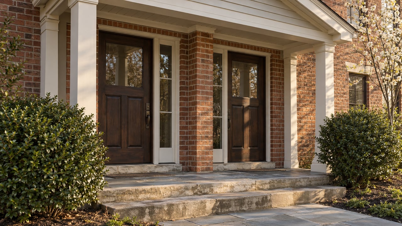 Two recessed dark wood doors with glazed sidelights in a shared red-orange brick facade.