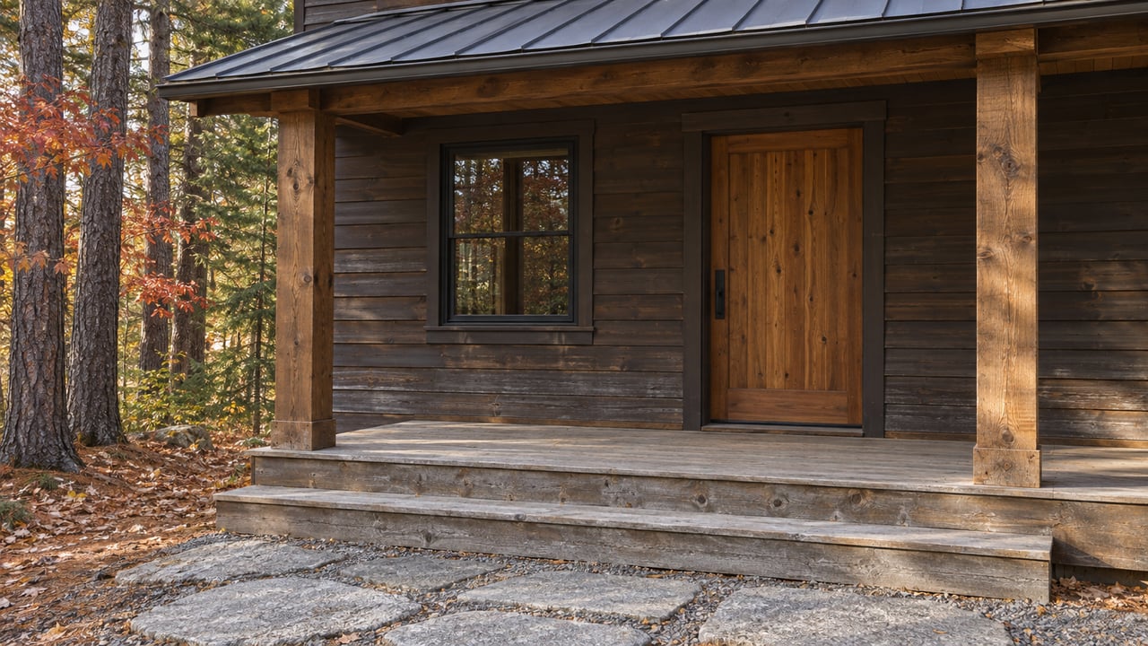 Weathered wood cabin entry with a covered porch, granite approach and mature trees in soft autumn light.