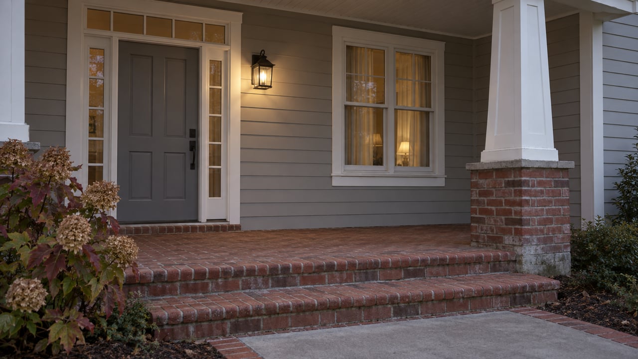 Evening light on a greige-sided home's covered porch, with a glazed entry, white tapered column, brick steps and autumn oakleaf hydrangea.
