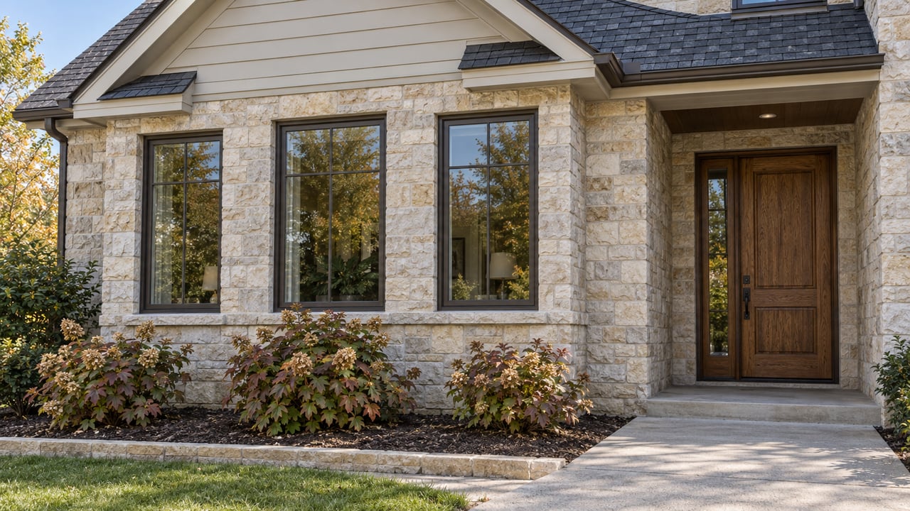 Close exterior view of a limestone window bay and recessed oak entry, with autumn oakleaf hydrangeas beside a concrete approach.