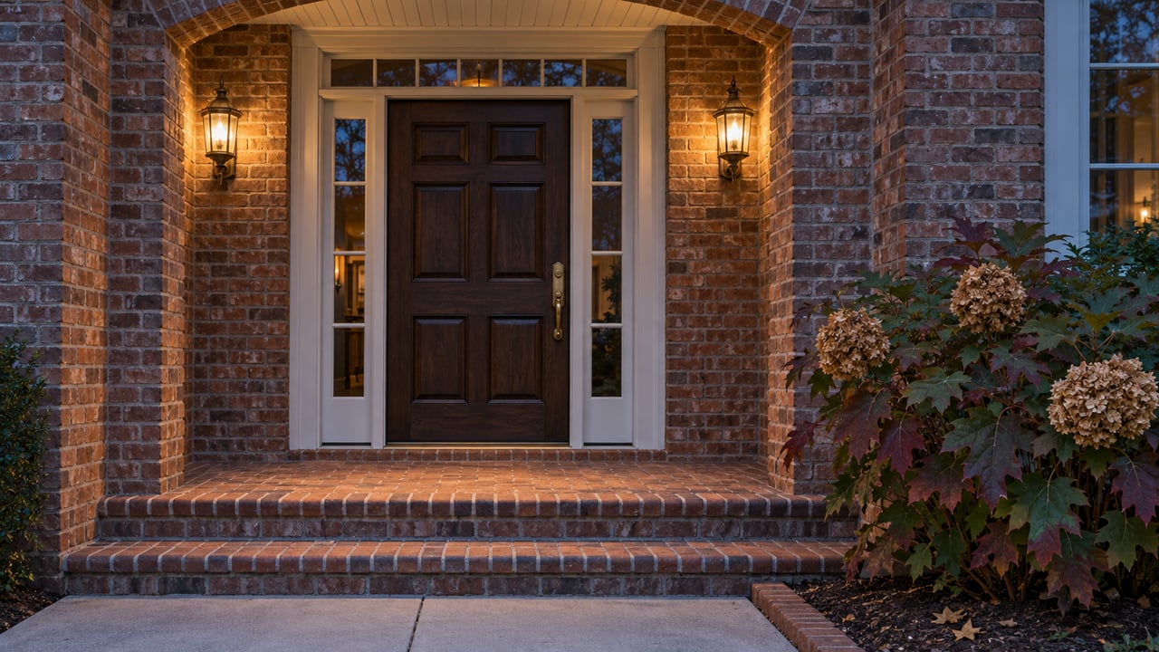 Warm brass sconces illuminate a brick arch around a dark oak front door at dusk, beside an oakleaf hydrangea.
