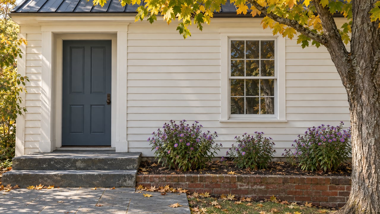 Slate-blue entry beside a six-over-six window, with bluestone steps, asters, and a yellowing maple.