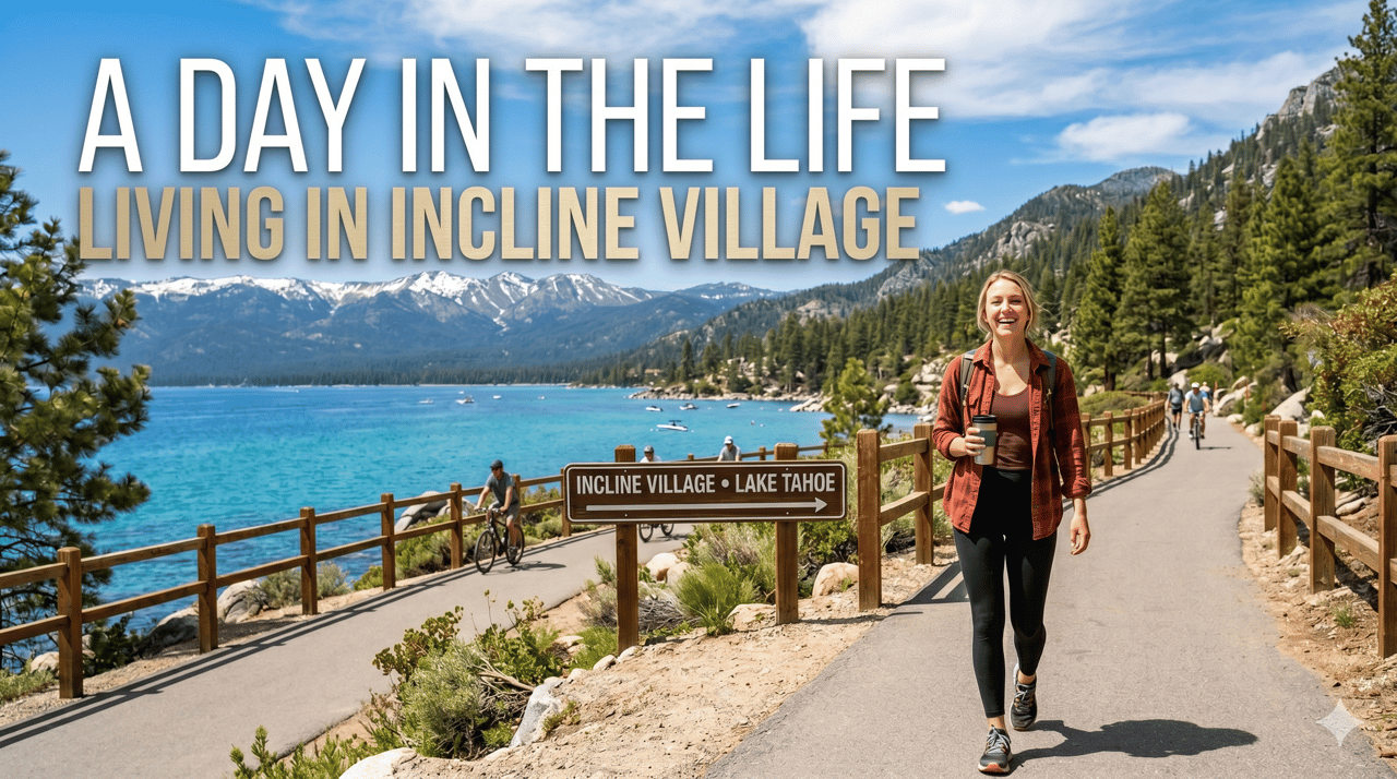 Person walking the Tahoe East Shore Trail above bright blue Lake Tahoe water on a sunny day near Incline Village