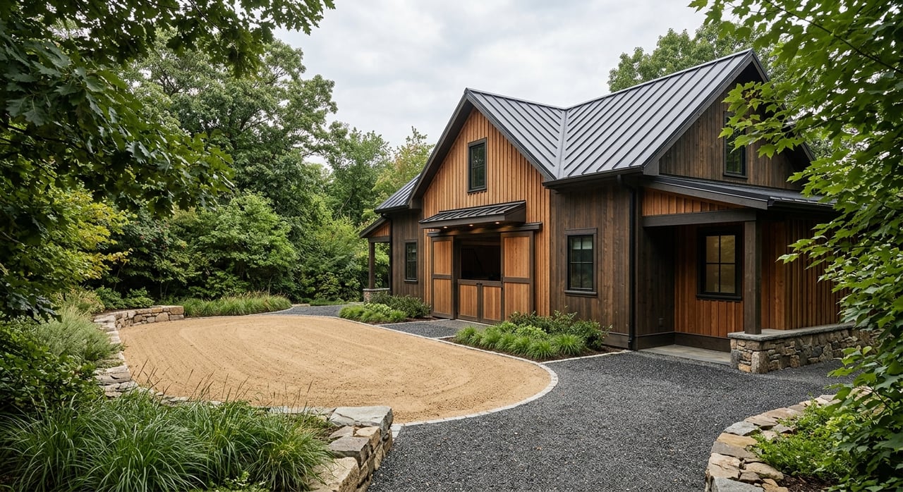 White board-and-batten barn with honey-brown sliding doors, a gravel drive, and a small turnout with a stock tank.
