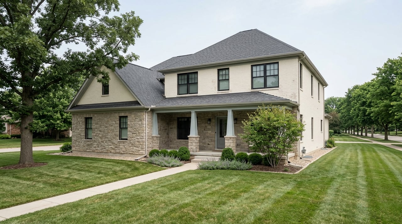 Two-story white-and-stone home with a covered porch, diagonal walkway, clipped shrubs, and a broad oak.