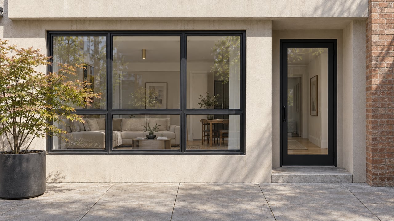 An updated apartment facade with black-framed windows, a recessed glass door, warm stucco, brick and a potted Japanese maple on a concrete terrace.