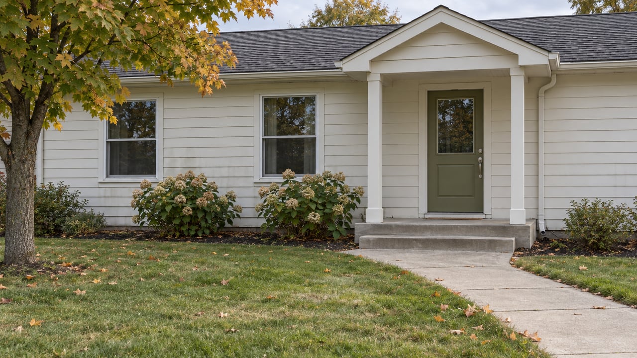 An off-white single-story home with an olive entry door, concrete front walk and autumn maple beside a deep lawn.