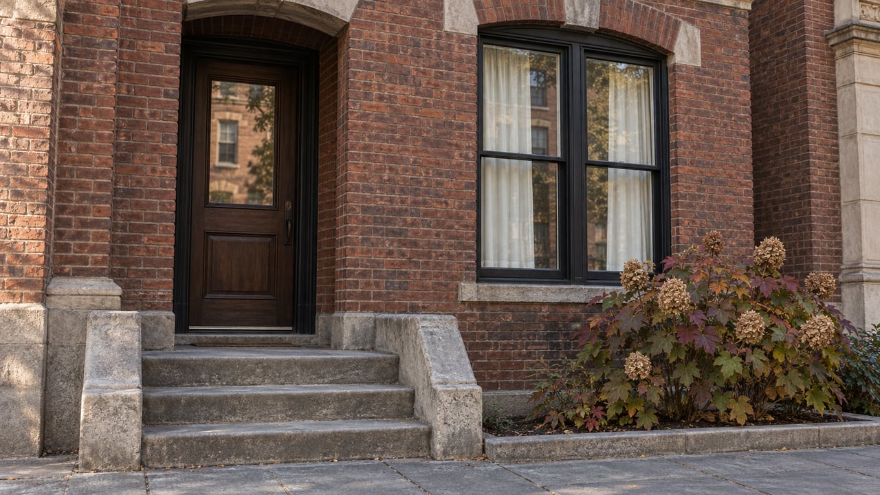Russet brick townhouse entrance with a dark oak door, limestone steps, and autumn oakleaf hydrangea beneath a tall window.