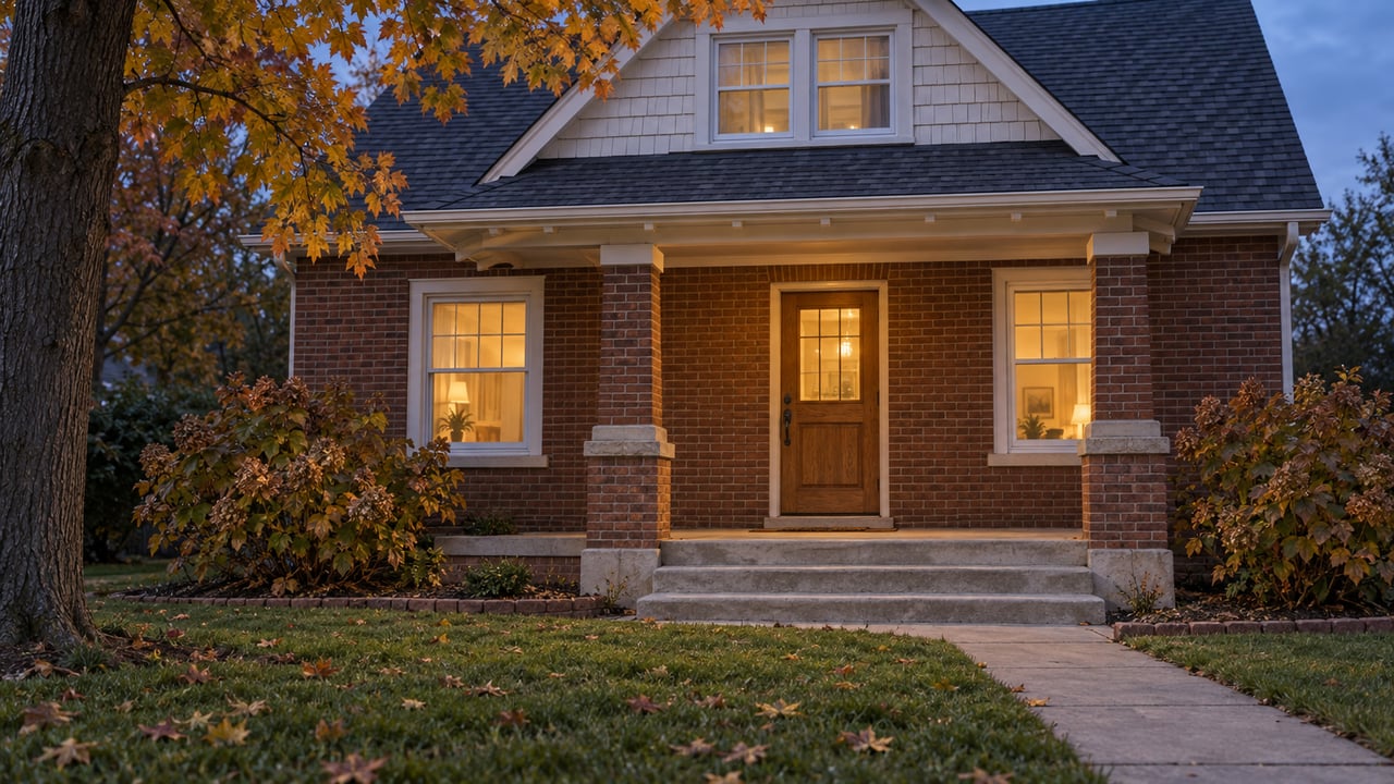 Brick bungalow at blue hour with warm divided-light windows, a concrete approach and bronze oakleaf hydrangeas beside the porch.